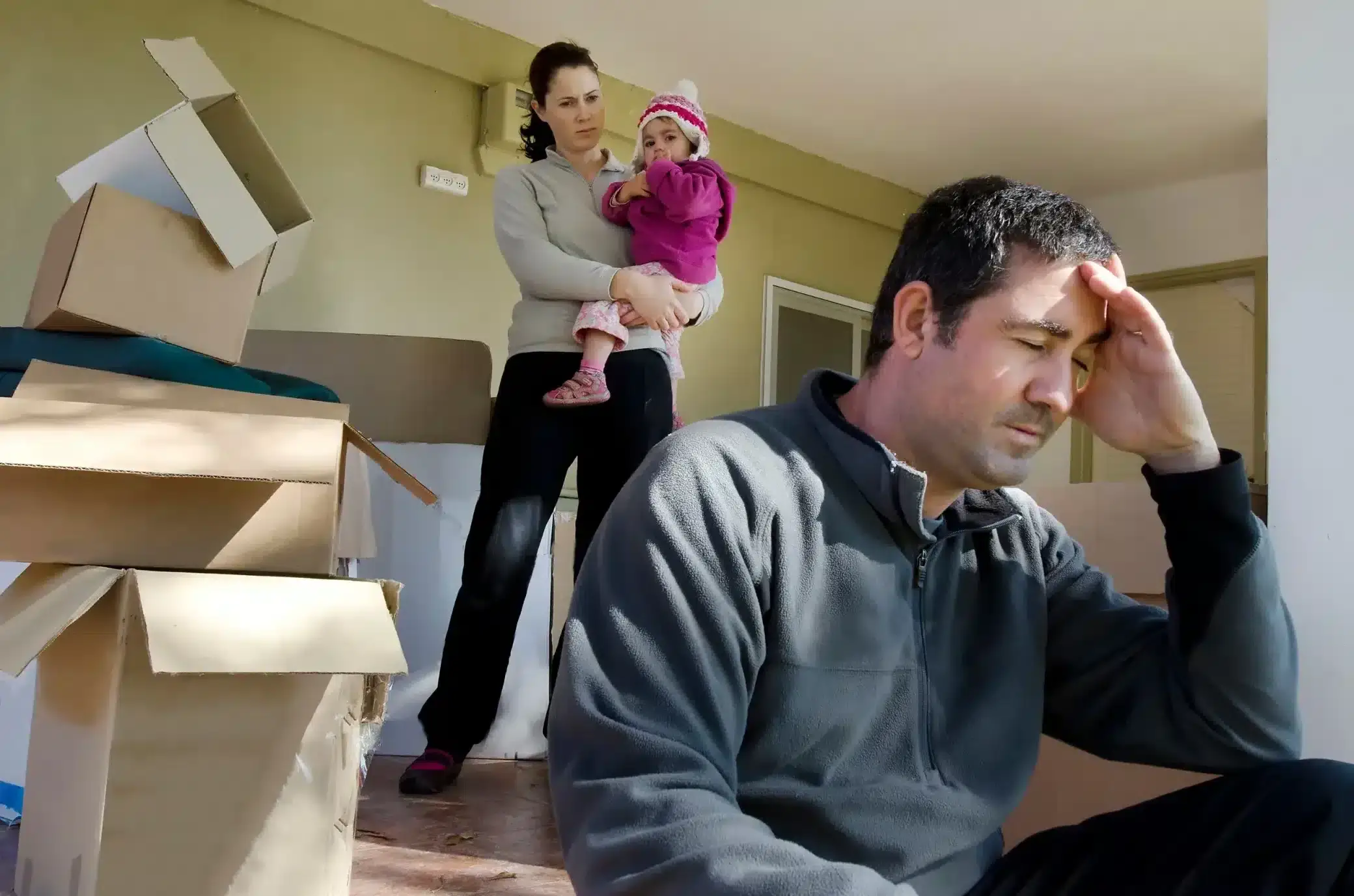 A family looks worried with moving boxes around them.